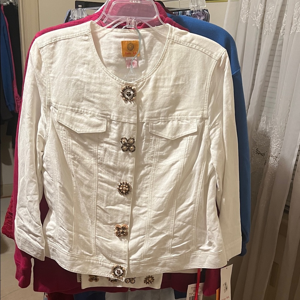 Ruby Rd. Cream Jean Jacket and pants with Floral Buttons